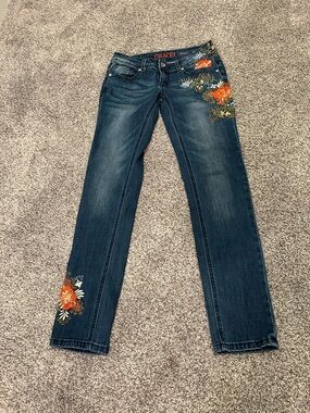 Grace in LA Dark Wash Skinny Jeans with Orange Floral Embroidery